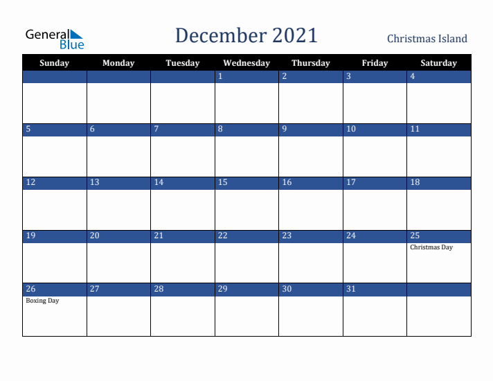 December 2021 Christmas Island Calendar (Sunday Start)
