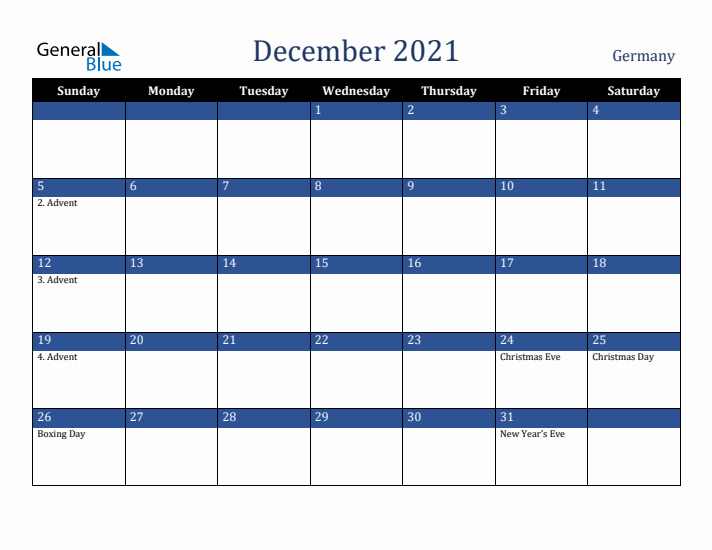 December 2021 Germany Calendar (Sunday Start)