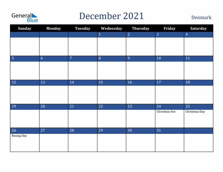 December 2021 Denmark Calendar (Sunday Start)