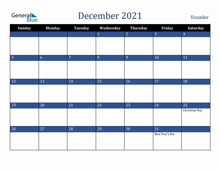 December 2021 Ecuador Calendar (Sunday Start)