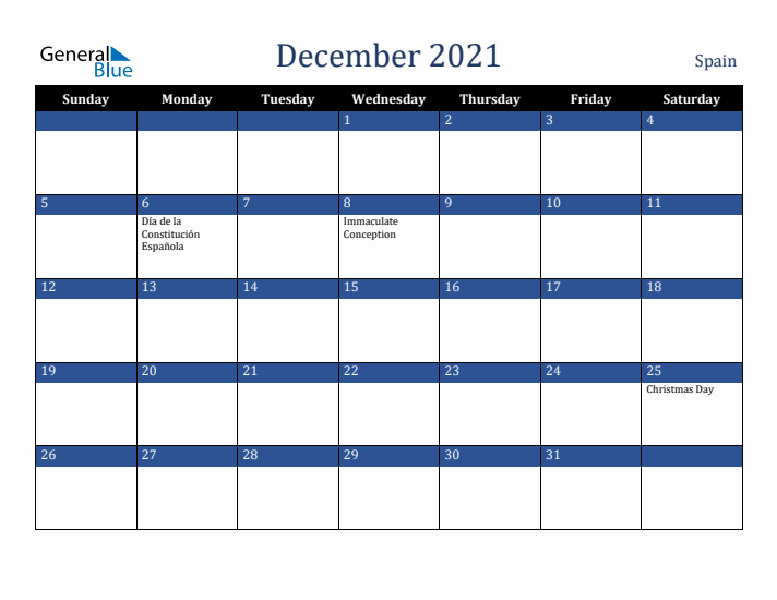 December 2021 Spain Calendar (Sunday Start)