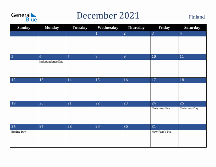 December 2021 Finland Calendar (Sunday Start)