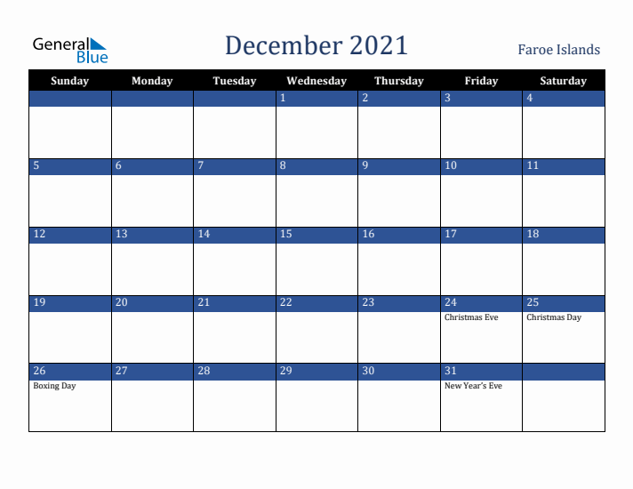 December 2021 Faroe Islands Calendar (Sunday Start)