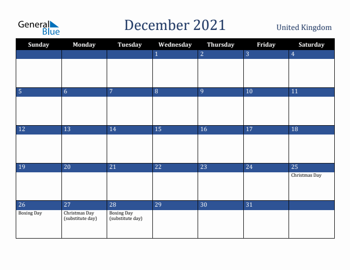 December 2021 United Kingdom Calendar (Sunday Start)