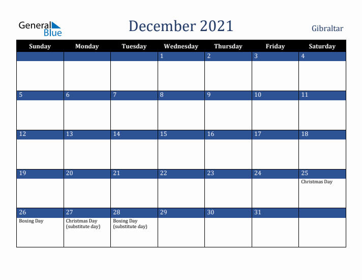 December 2021 Gibraltar Calendar (Sunday Start)