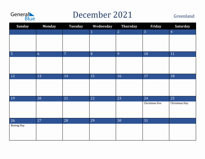 December 2021 Greenland Calendar (Sunday Start)