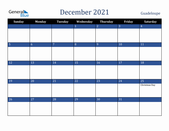 December 2021 Guadeloupe Calendar (Sunday Start)