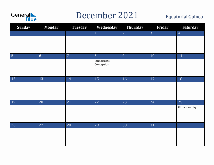 December 2021 Equatorial Guinea Calendar (Sunday Start)