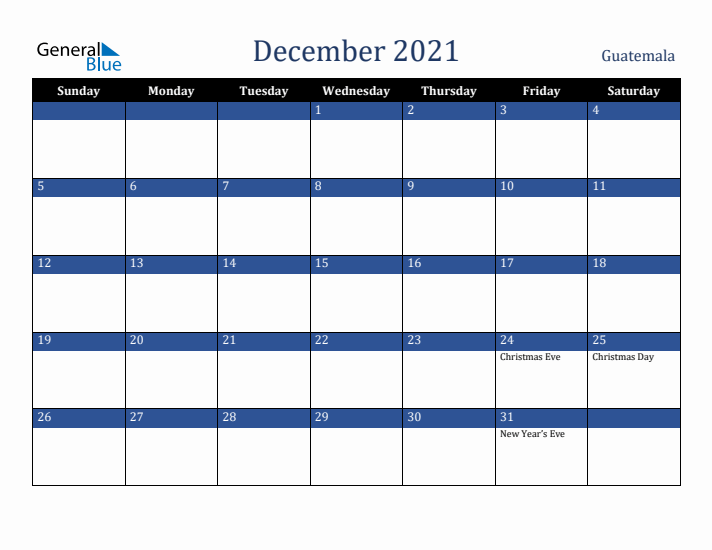December 2021 Guatemala Calendar (Sunday Start)