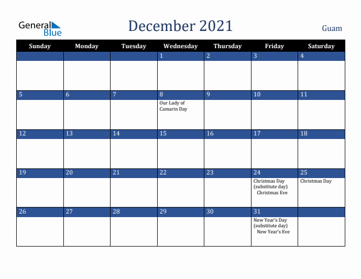 December 2021 Guam Calendar (Sunday Start)