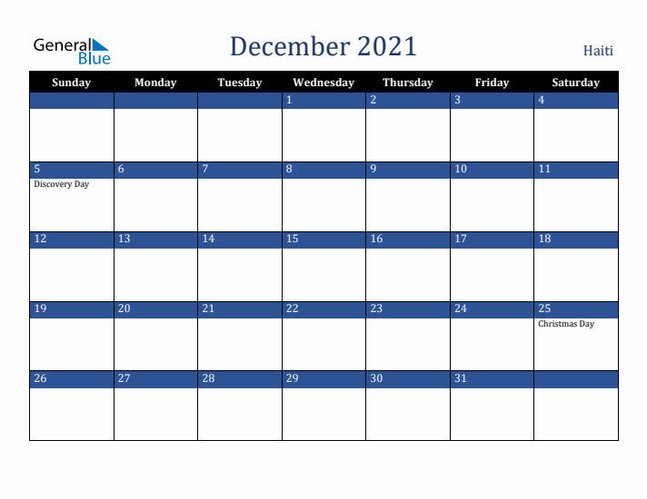 December 2021 Haiti Calendar (Sunday Start)