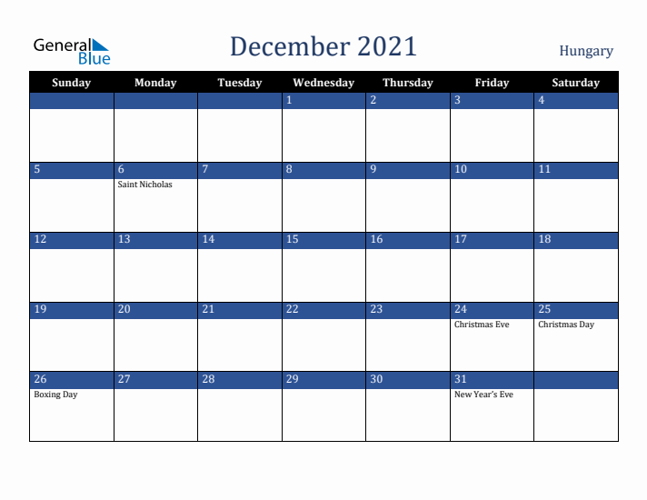 December 2021 Hungary Calendar (Sunday Start)