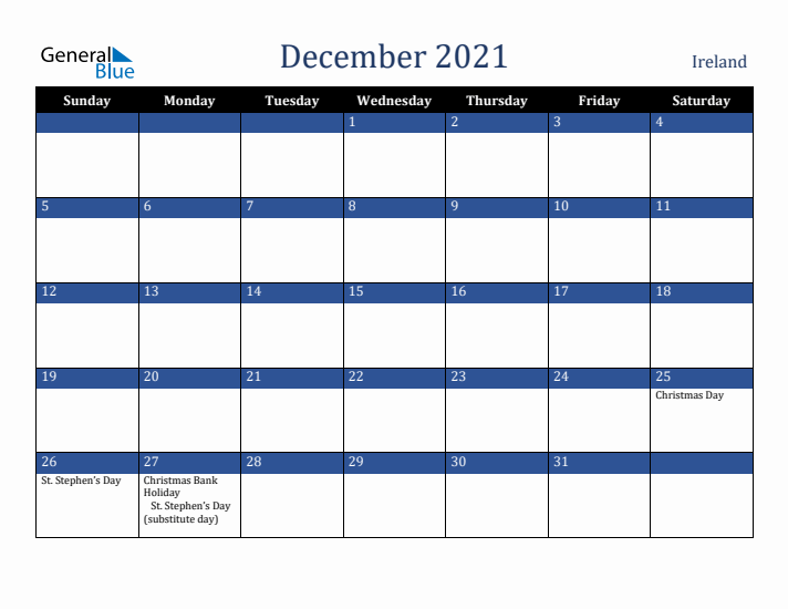 December 2021 Ireland Calendar (Sunday Start)