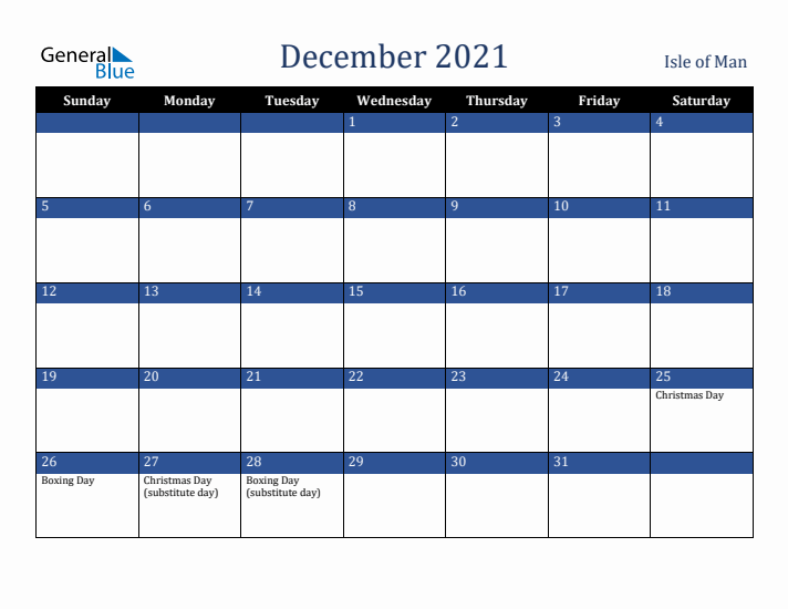 December 2021 Isle of Man Calendar (Sunday Start)