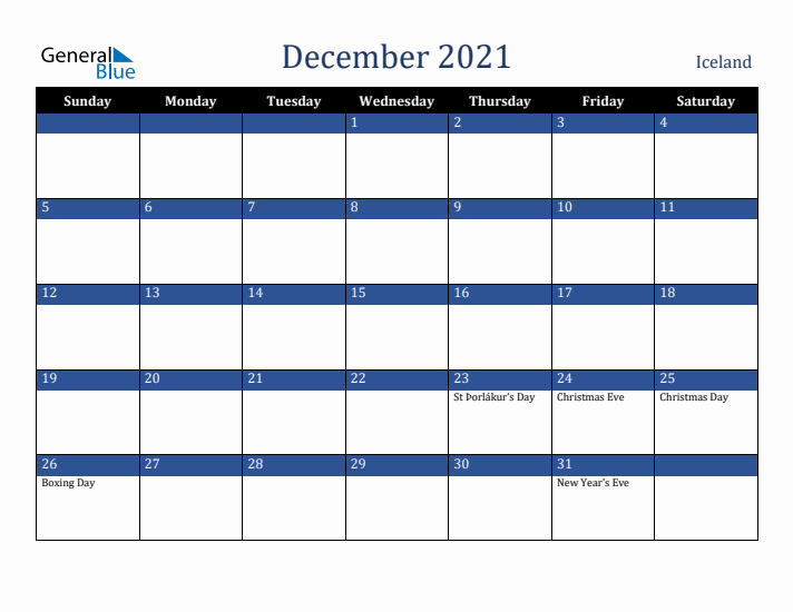December 2021 Iceland Calendar (Sunday Start)