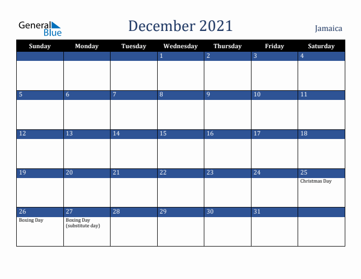 December 2021 Jamaica Calendar (Sunday Start)