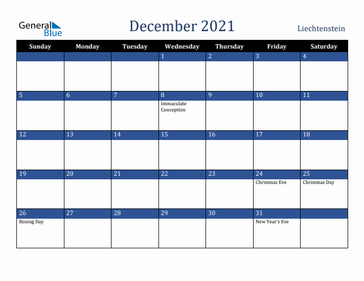 December 2021 Liechtenstein Calendar (Sunday Start)