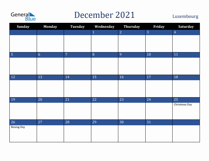 December 2021 Luxembourg Calendar (Sunday Start)