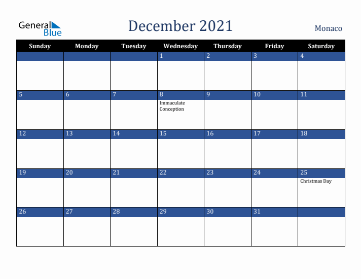 December 2021 Monaco Calendar (Sunday Start)