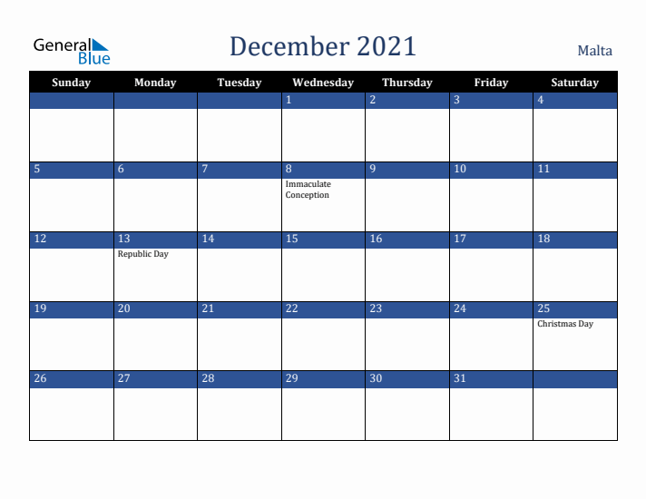 December 2021 Malta Calendar (Sunday Start)