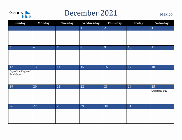 December 2021 Mexico Calendar (Sunday Start)