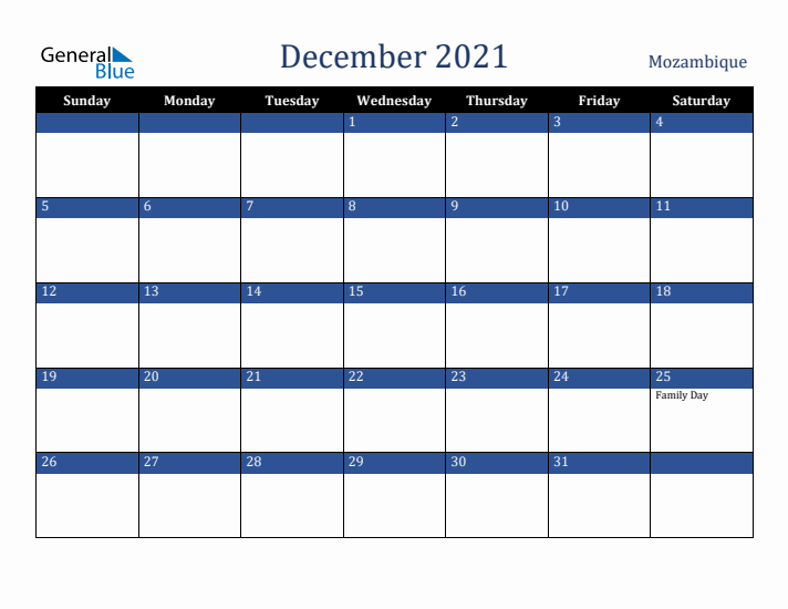 December 2021 Mozambique Calendar (Sunday Start)