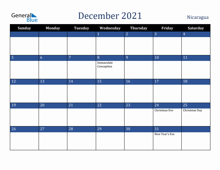 December 2021 Nicaragua Calendar (Sunday Start)