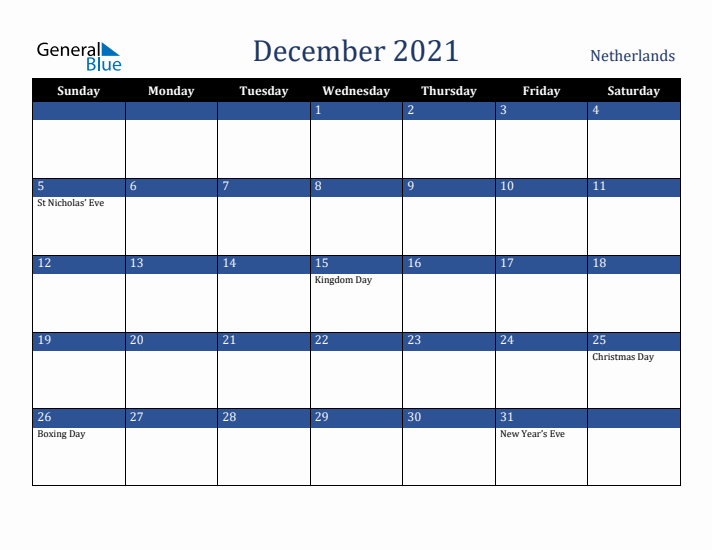 December 2021 The Netherlands Calendar (Sunday Start)