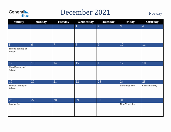 December 2021 Norway Calendar (Sunday Start)