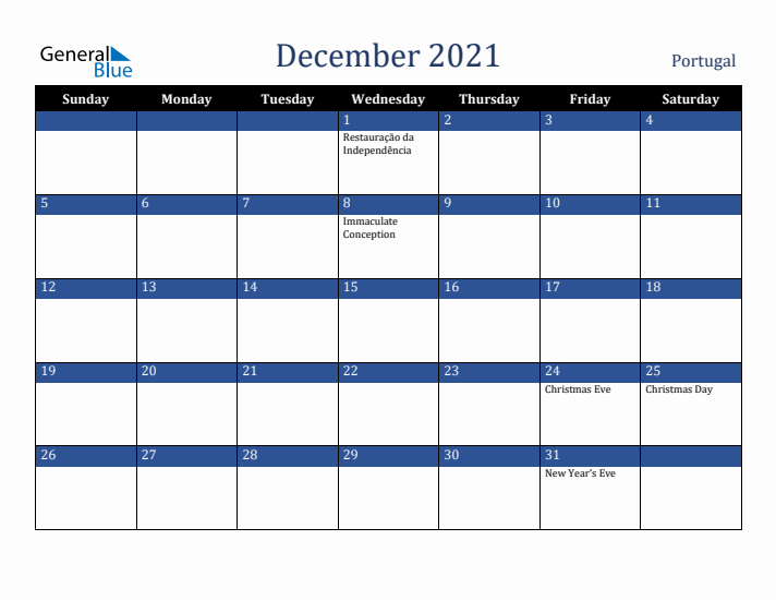 December 2021 Portugal Calendar (Sunday Start)