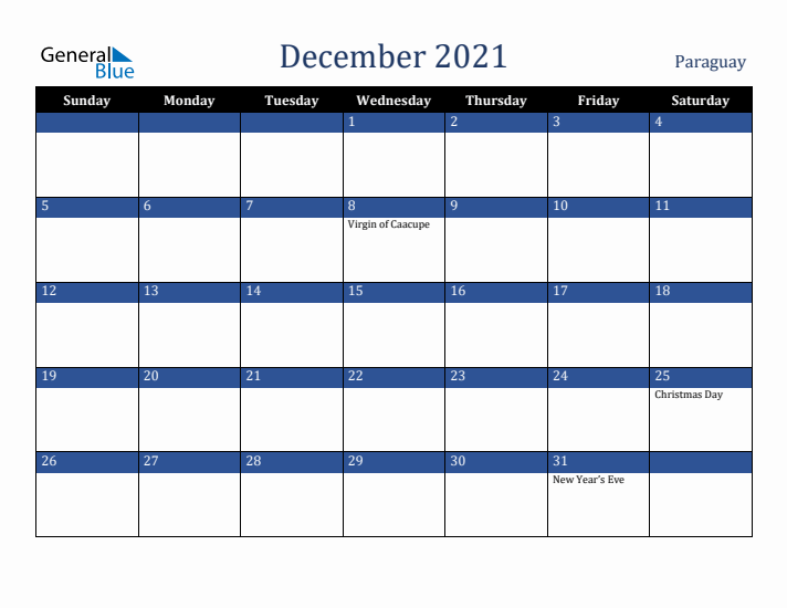 December 2021 Paraguay Calendar (Sunday Start)