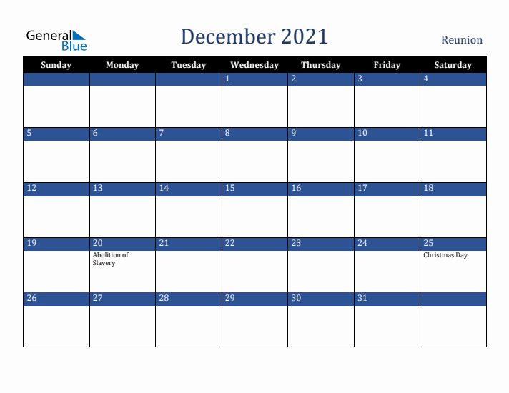 December 2021 Reunion Calendar (Sunday Start)