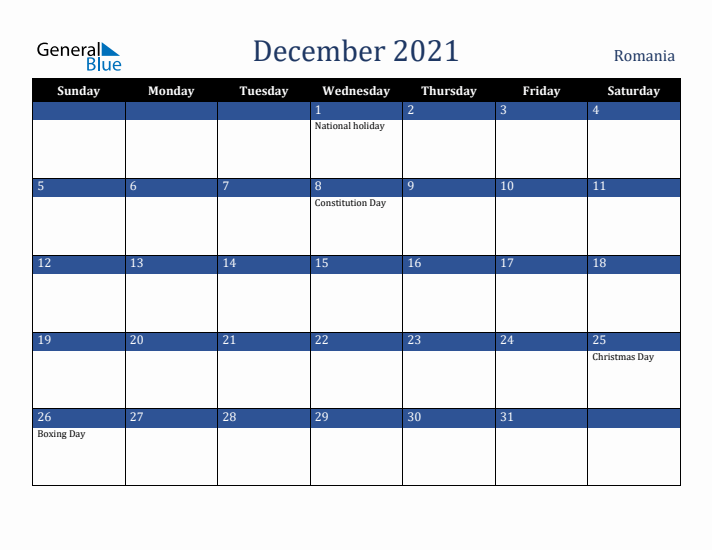 December 2021 Romania Calendar (Sunday Start)