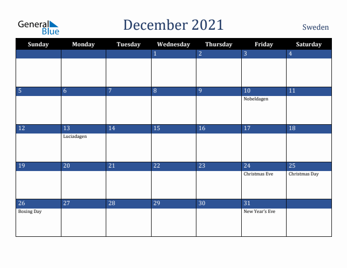 December 2021 Sweden Calendar (Sunday Start)