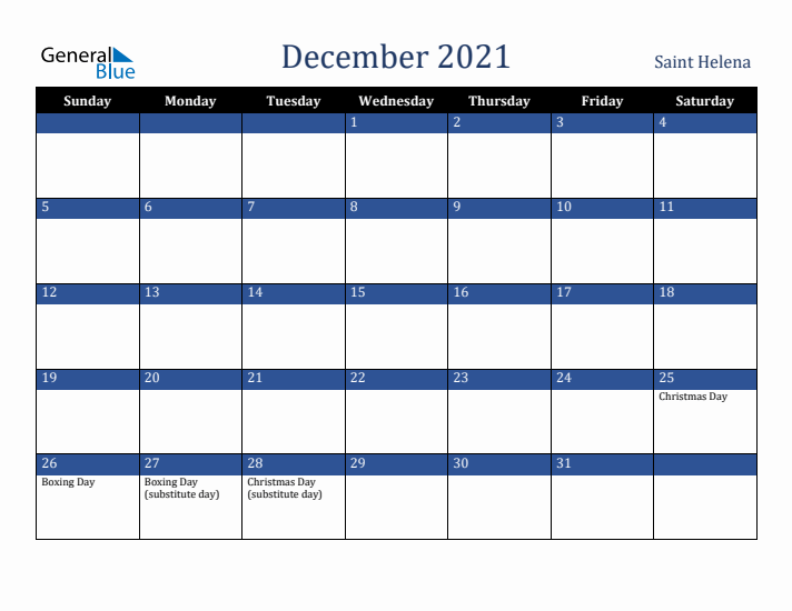December 2021 Saint Helena Calendar (Sunday Start)