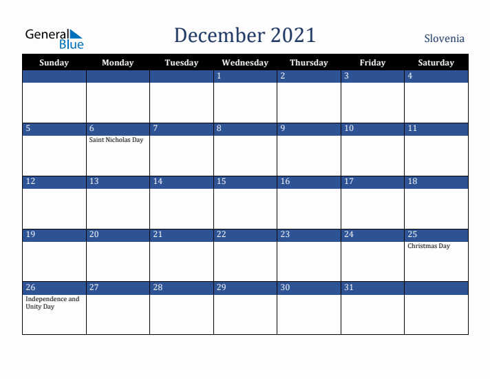 December 2021 Slovenia Calendar (Sunday Start)