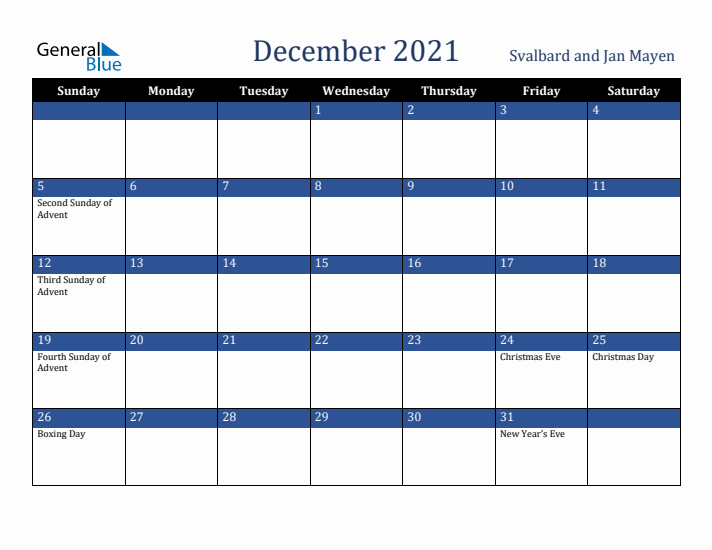 December 2021 Svalbard and Jan Mayen Calendar (Sunday Start)
