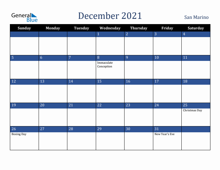 December 2021 San Marino Calendar (Sunday Start)