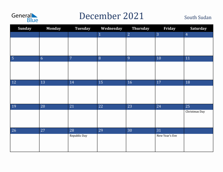 December 2021 South Sudan Calendar (Sunday Start)