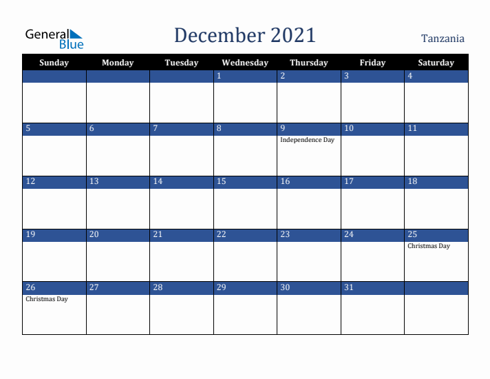 December 2021 Tanzania Calendar (Sunday Start)