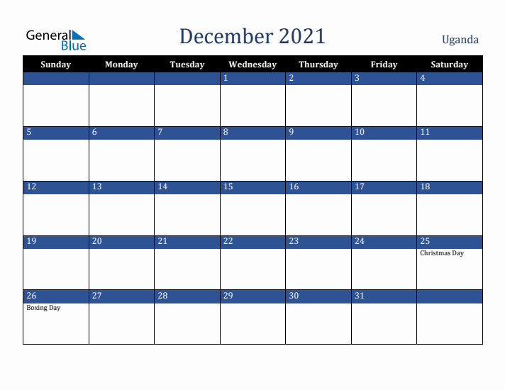 December 2021 Uganda Calendar (Sunday Start)