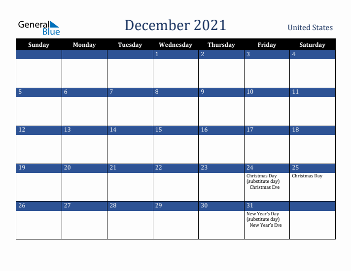 December 2021 United States Calendar (Sunday Start)