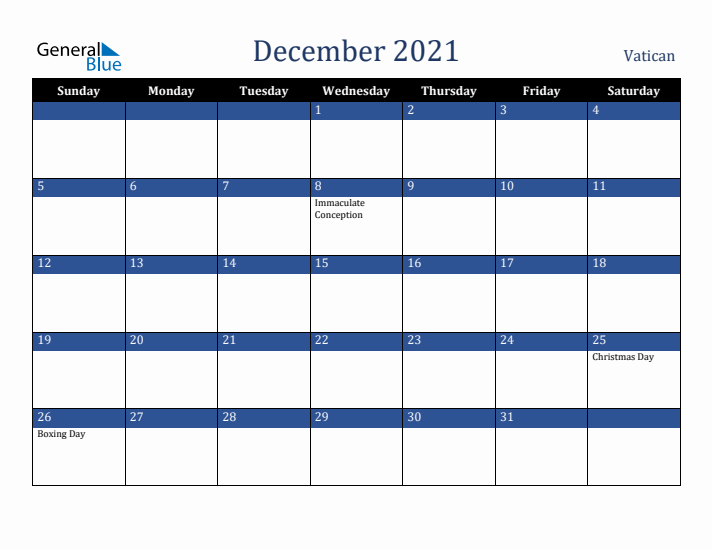 December 2021 Vatican Calendar (Sunday Start)