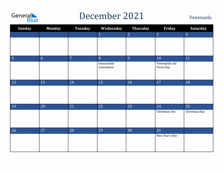 December 2021 Venezuela Calendar (Sunday Start)
