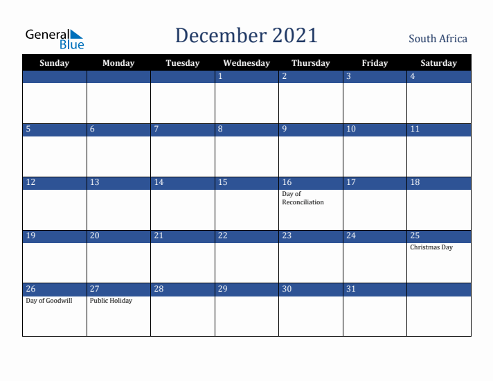 December 2021 South Africa Calendar (Sunday Start)