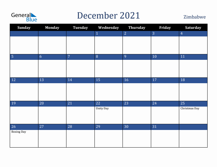 December 2021 Zimbabwe Calendar (Sunday Start)