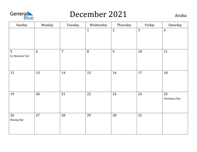 December 2021 Calendar Aruba
