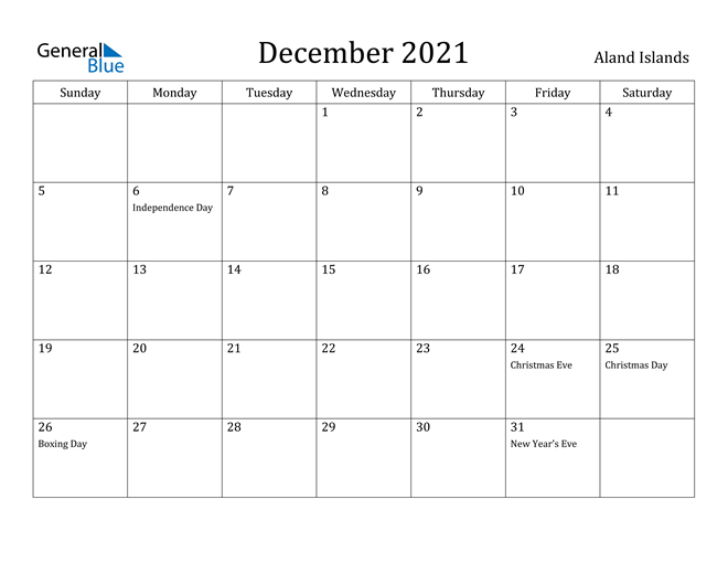 December 2021 Calendar Aland Islands