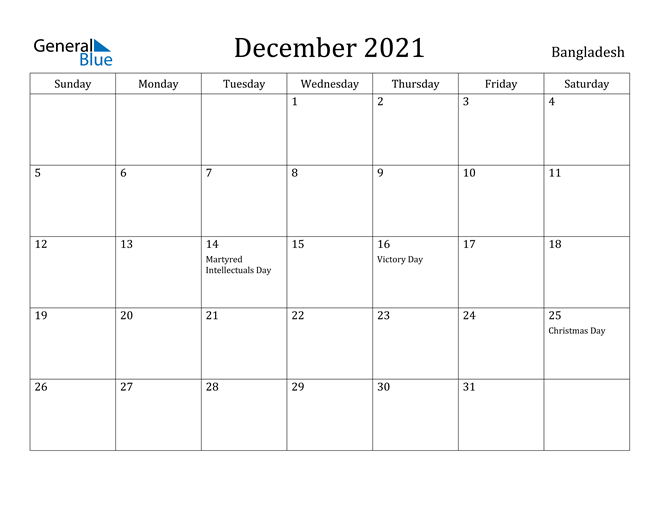 December 2021 Calendar - Bangladesh