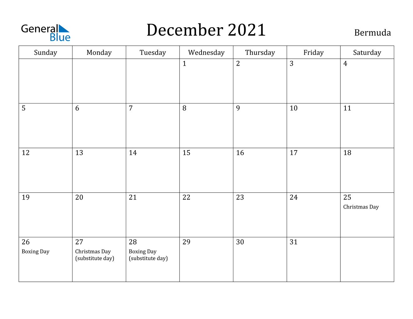 December 2021 Calendar - Bermuda